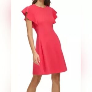 DKNY 129 Short BoatNeck Ruffle Scuba Crepe Fit/Flare Dress Melon. Size 8